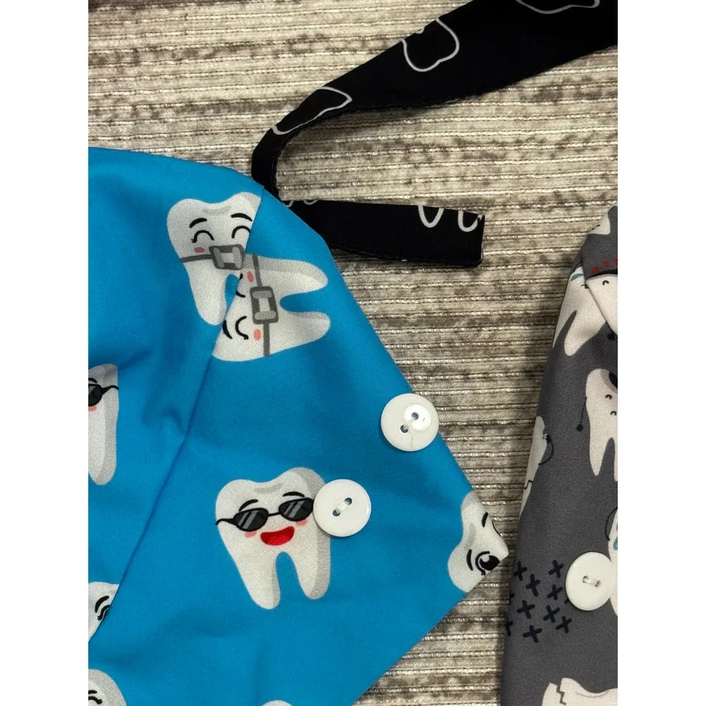 Set of 4 Dental Scrub Caps with Buttons for Masks Tooth Print Pink Blue Grey